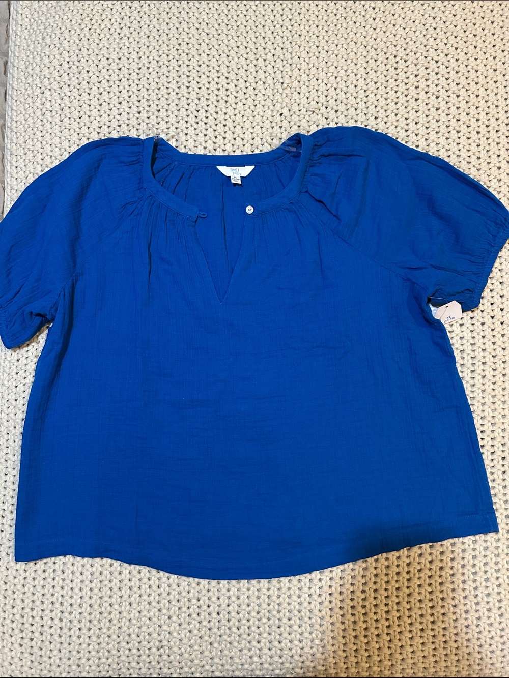 NWT Bold Royal Blue Short-Sleeve Gauze Peasant Blouse, XL